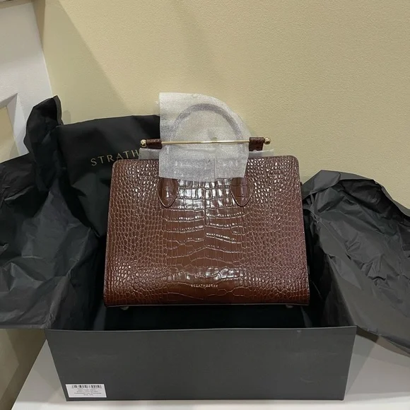 Strathberry Chocolate Croc-Embossed Satchel - Picture 2 of 11